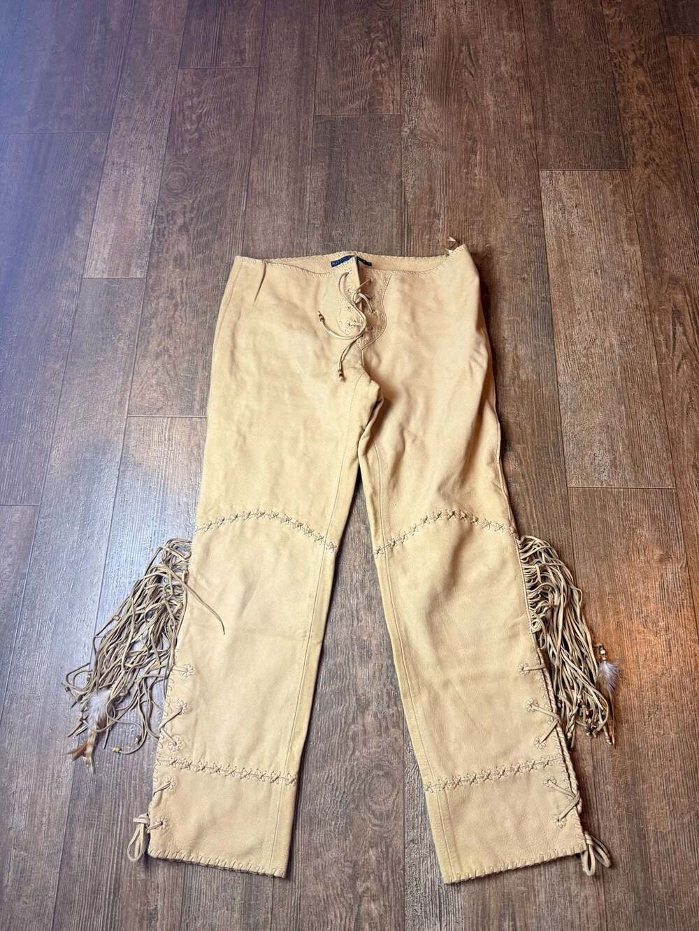 Rare Ralph Lauren Western Fringe leather Low Rise Pants Tan Size 8